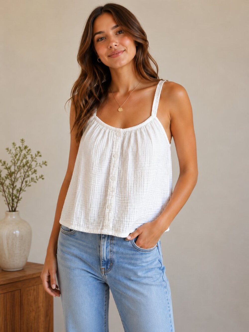 White Cotton Gauze Tank Top SZ XL Camisole Cottagecore Summer